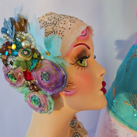 Handmade Pastel Rainbow Rose and Millinery Feather Crystal Hair Clip Romantic - Picture 10 of 10